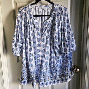 J. Jill Floral Blue-and-White Knit Boho Top Plus 4X